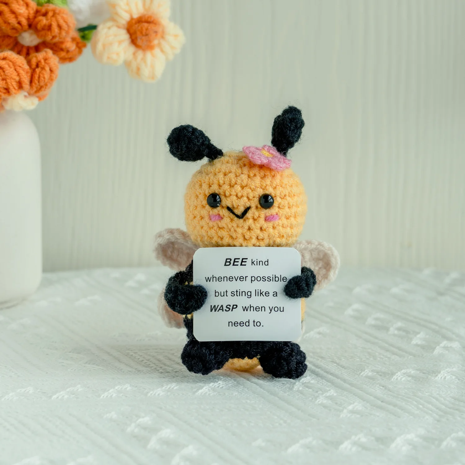 Funny Positive Bee Crochet Knitting Doll Positive Affirmation Card Handmade Woven Bee Doll Ornaments Motivational Decoration
