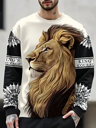 Men's Personalized Fierce Lion Animal Print Casual Sweatshirt Fashion Round Neck Pullover Sweatshirt Polyester Fabric Loose Fit