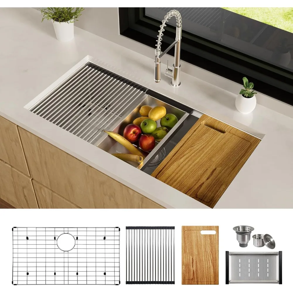 

36 Inch Undermount Kitchen Sink Single Bowl 16 Gauge Stainless Steel Integrated Ledge