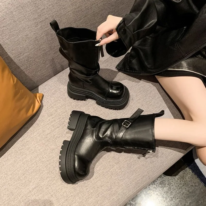 

Winter Women Biker Boots Fashion Belt Buckle Ladies Elegant Platform Long Pipe Booties Casual Women's Knee High Booties New 40