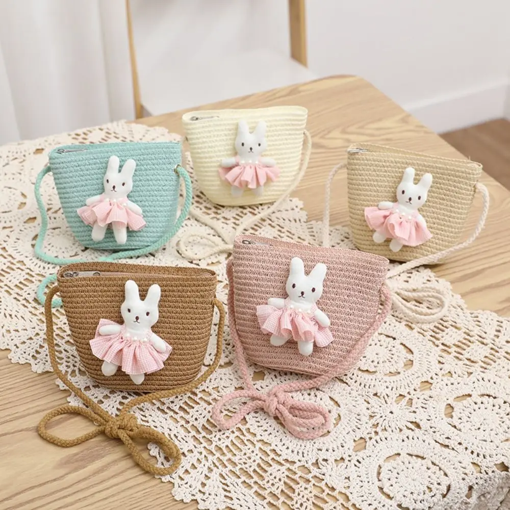 Summer Beach Cartoon Bunny Mini Straw Bag Zipper Handmade Woven Crossbody Handbag Coin Purse Photo Props Storage Basket