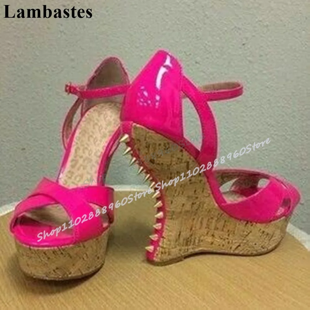 

Rose Red Cross Strip Platform Rivets Sandals Strange Style Heel Women Shoes Ankle Buckle Strap Open Occidental Women Sandals