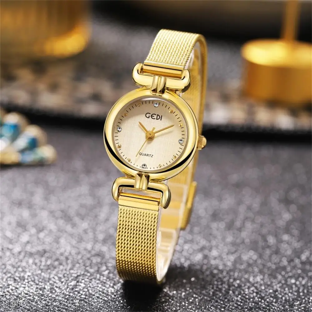 Fashion GEDI Top Brand Luxury Gold Luxury Cloth Patterned Small Round Dial Mesh Strap Waterproof Women's Vintage Quartz Watches