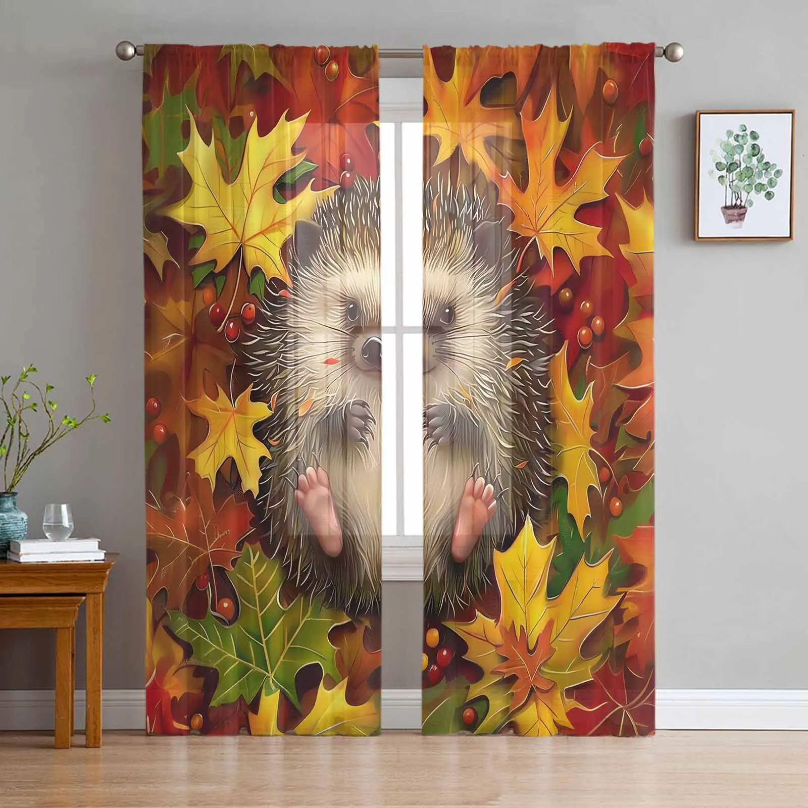 Autumn Maple Leaf Hedgehog Window Tulle Curtains for Living Room Kitchen Modern Window Treatments Voile Curtains