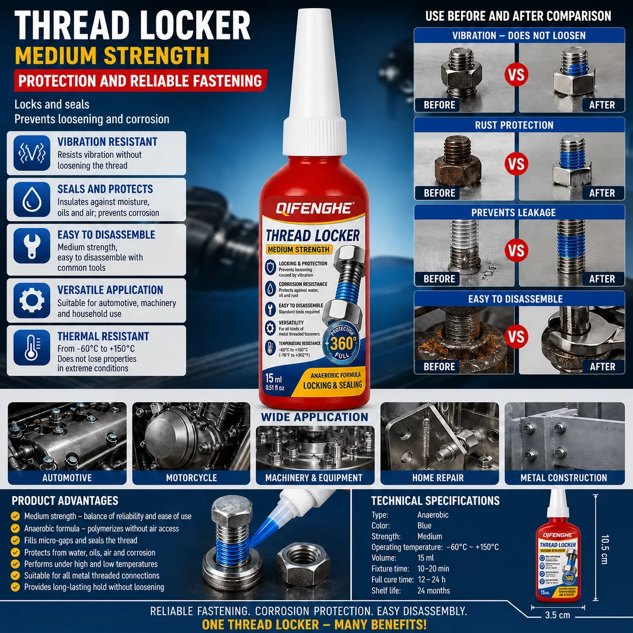 QIFENGHE Thread Locker Medium Strength 15ml Blue Anaerobic Thread Sealant Prevent Vibration Loosening for Bolt Nut Auto Machiner