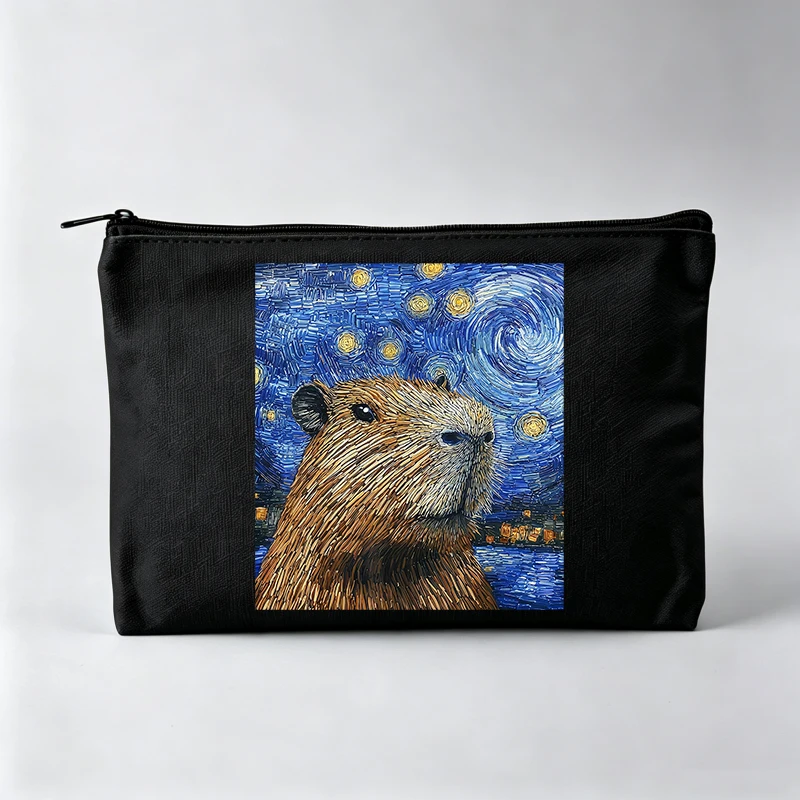 Women's Animal Portrait Makeup Bag with Swirling Night Sky Artistic Print, Zipper Cosmetic Pouch for Daily Use