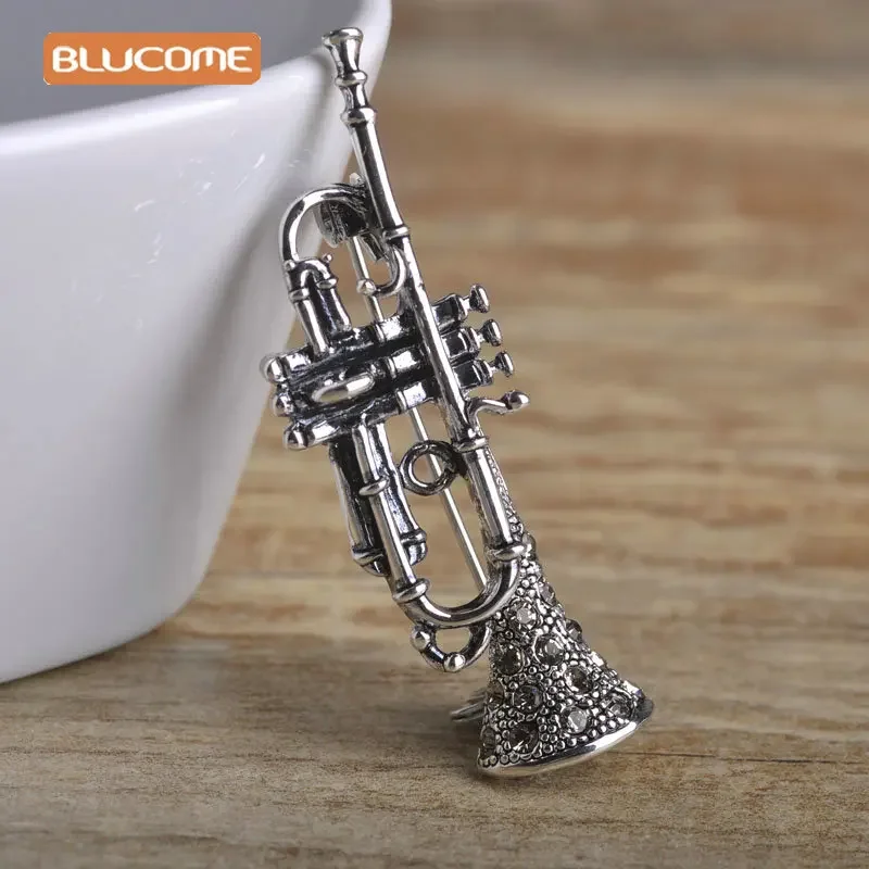 Blucome Vintage Saxophone Shape Brooches For Woman Musician Gift Crystal Antique Gold Color Musical Instrument Bro