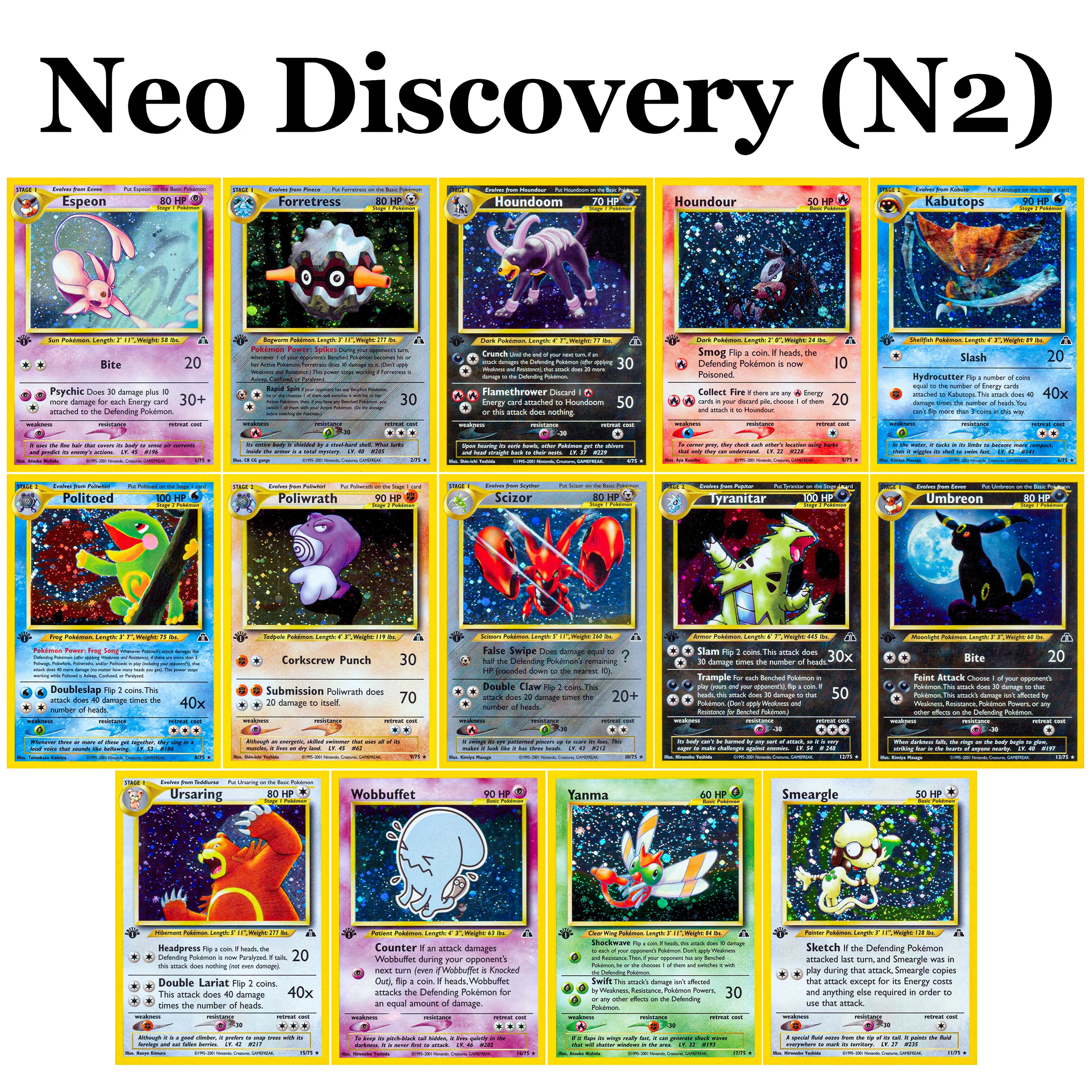

PKM Neo Discovery Foil Set Cards Espeon Poliwrath Scizor Smeargle Tyranitar Umbreon Ursaring Wobbuffet Pokemon Collectible Card