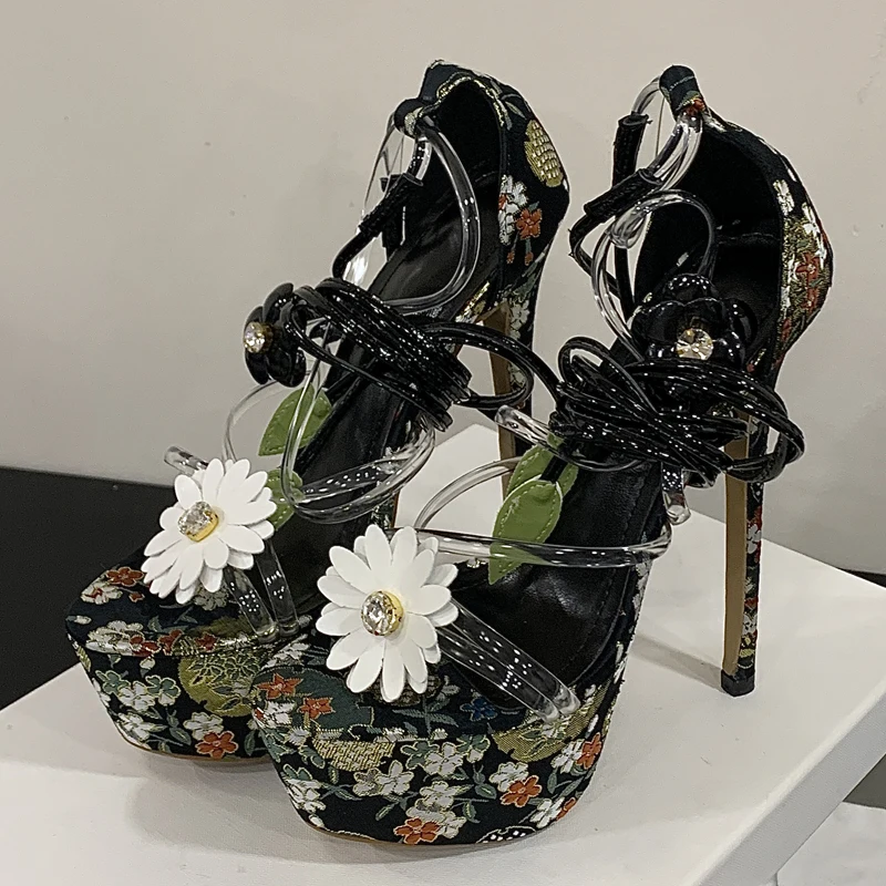 Eilyken Street Style PVC منصة شفافة النساء الصنادل مصمم طباعة رقيقة عالية الكعب الكاحل عبر حزام أحذية الصيف