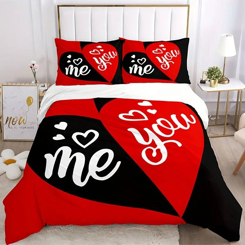 High Quality Duvet Cover Set Black And Red Heart Pattern Bedding Set Soft Duvet Cover For Bedroom Guest Room