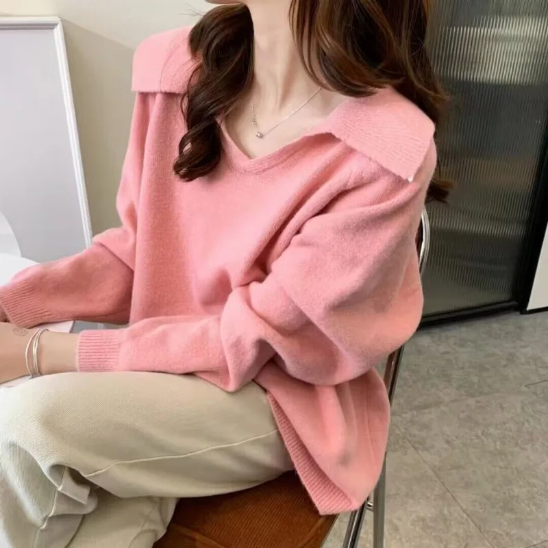 Women 2023 New Large High Quality Knitted Underlay Sweater Loose Lazy Covering Belly Slim POLO Neck Style Comfortable