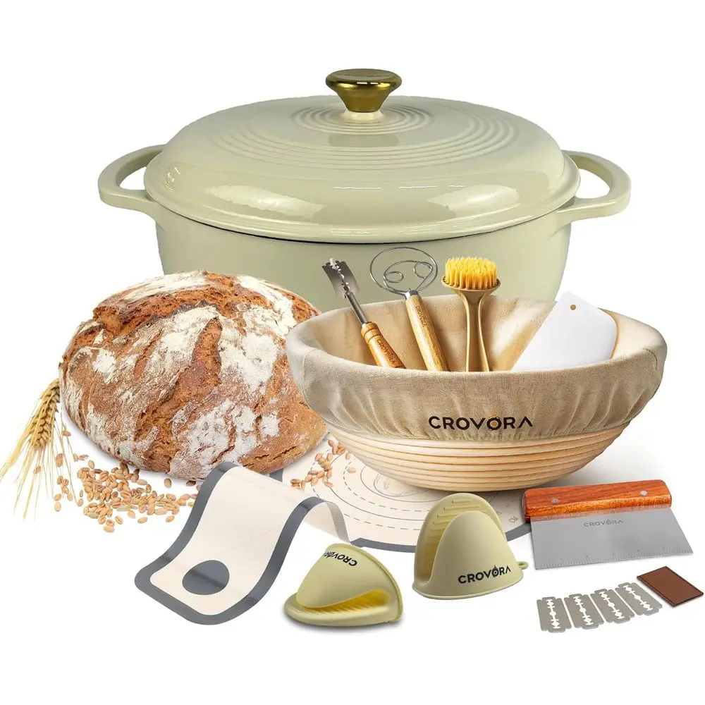 

6-Quart Cream White Enamel Cast Iron Dutch Oven with Lid and Sourdough Bread Baking Accessories