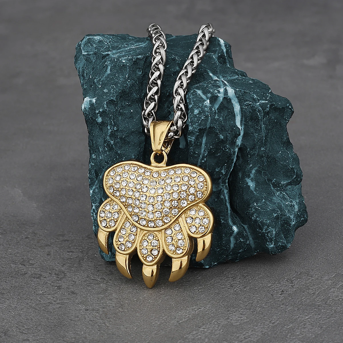 Golden Big Bear Claw Pendant for Men and Women Hip Hop Zircon Charm Fashion Necklace Stainless Steel Jewelry Gifts Wholesale