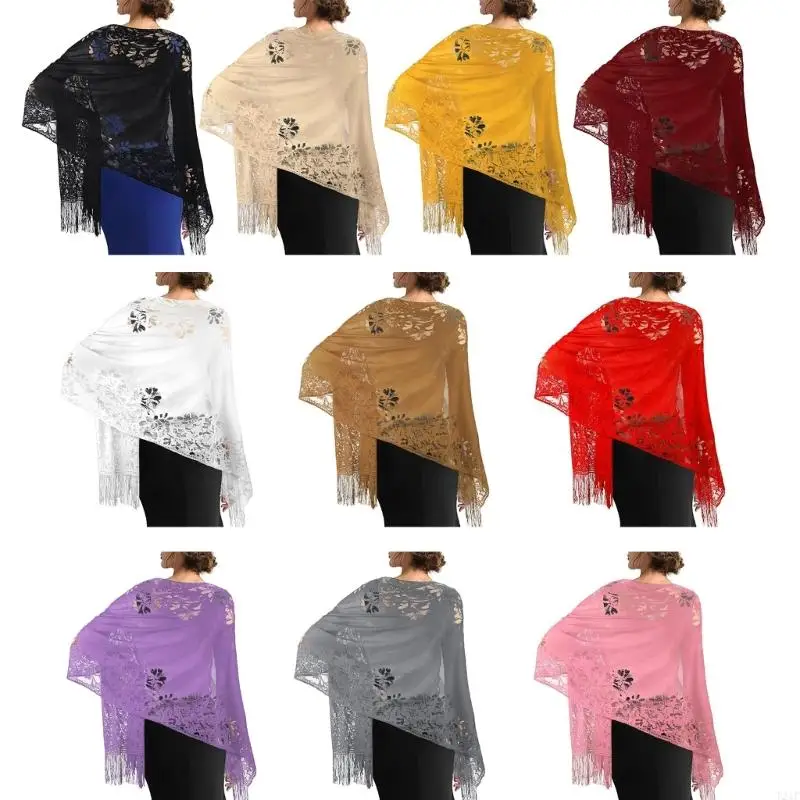 

T21F Lace Scarf Hollowout Shawl Wrap For Women with Tassels Designs Comfortable Breathable Formal Event Dress Shoulder Wrap