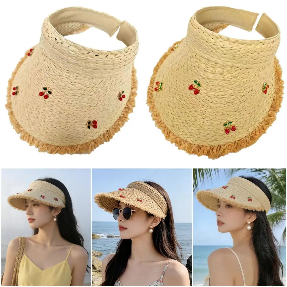 

Dopamine Cherry Strawberry Sun Hat Headband-style Sunscreen Open-crown Straw Hat Breathable Beige Khaki Sunshade Cap Summer