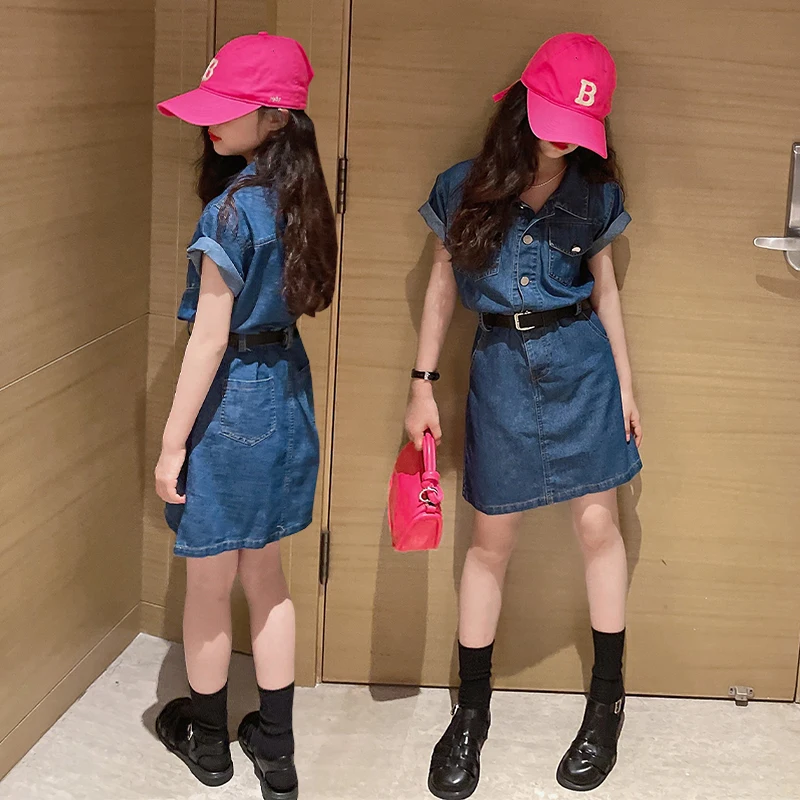 Summer Denim Girls Dresses Luxury Designs 2022 New Brands Kids Long Skirts Lapel Fashion High Quality Baby Short Skirts Cheap