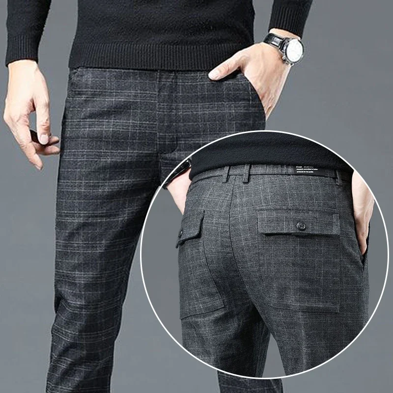 

Male Breathable Straight Slacks Business Checkered Grey Black Trousers Summer Fashion Men Loose Slight Strech Casual Suit Pants