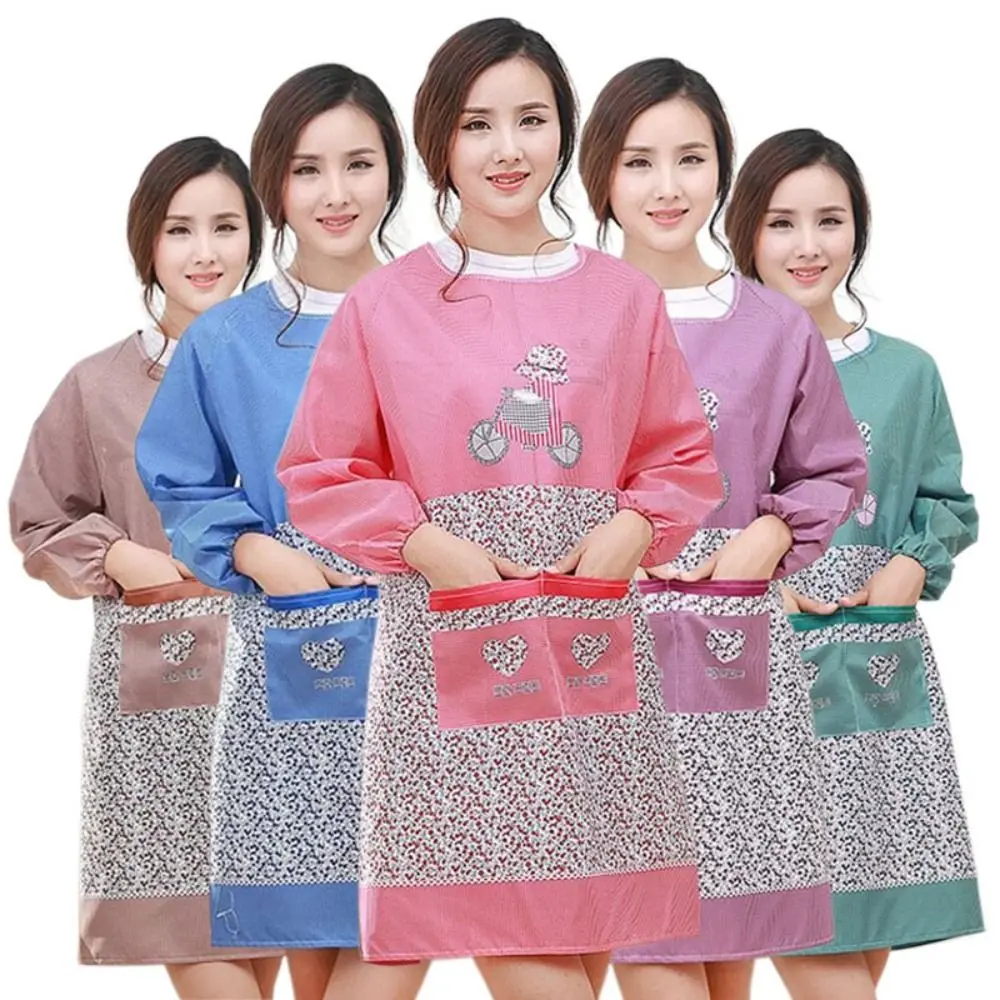 Korea Version Waterproof Kitchen Apron Anti-Dust Oil-Proof Long Sleeves Cooking Apron Blue Printing Cooking Cover Clothing BBQ