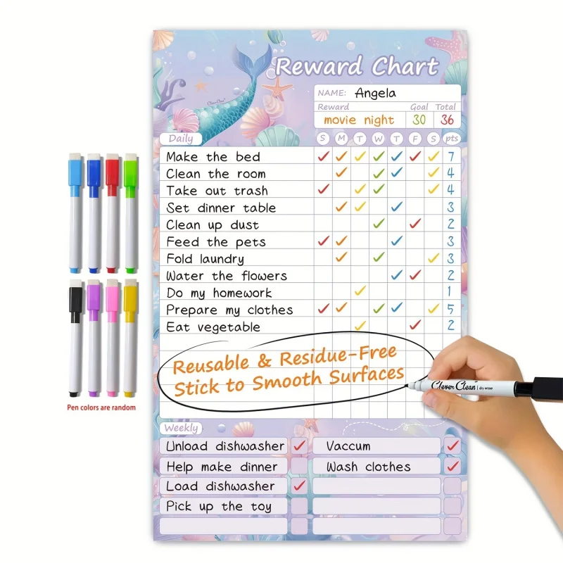 A reusable refrigerator dry wipe set, weekly and daily schedule, magnetic, stain resistant, and waterproof children's