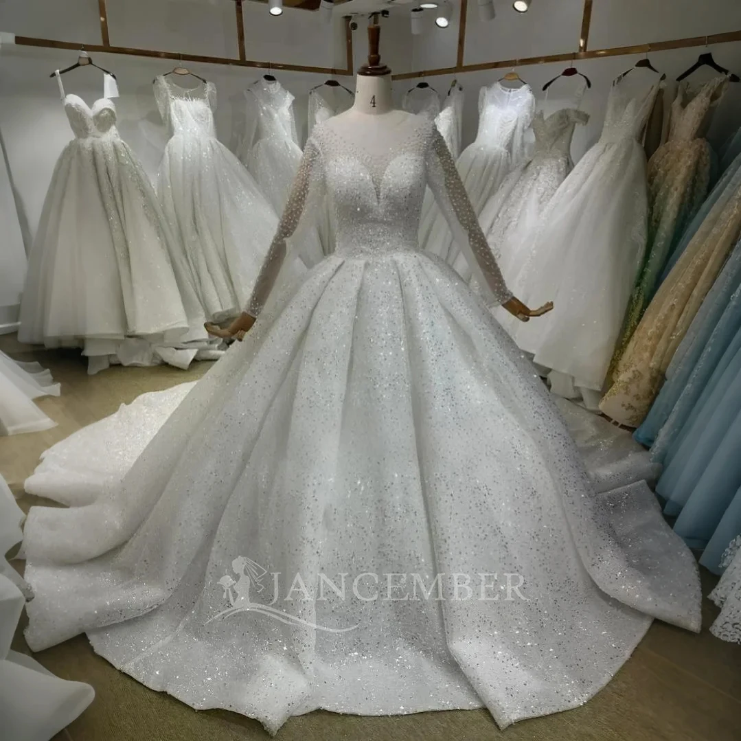

Long Sleeve Wedding Dress 2025 O-Neck Beaded Backless Ball Gown Princess Bride Gown Customized Plus Size Vestido de Noiva
