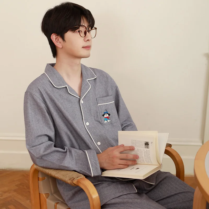 

Couple's sleepwear autumn and winter pure cotton brushed velvet long sleeved high-end warm men's casual home suit set