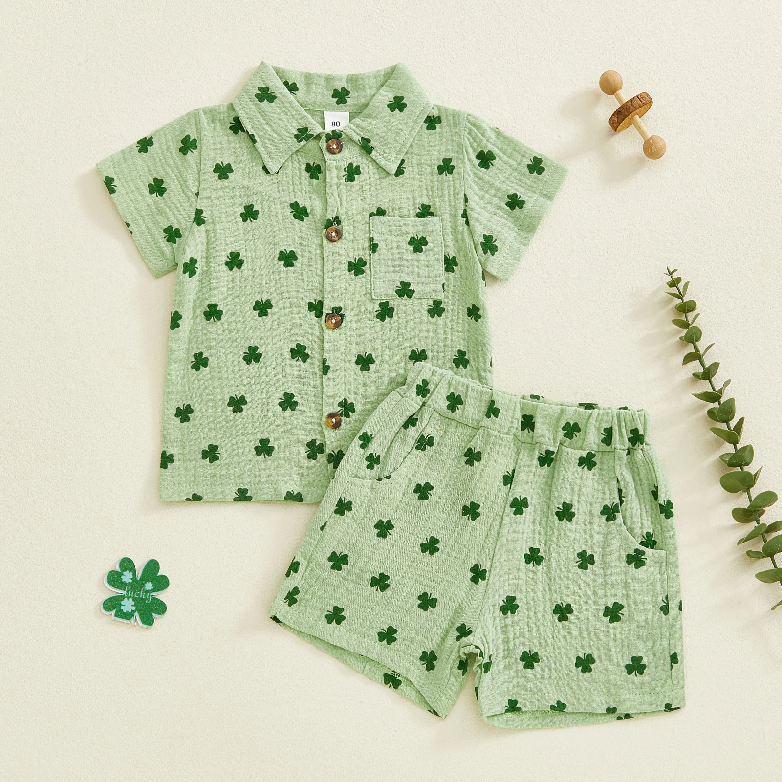 Kids Baby Boys Summer Clothes Sets Shamrock Print Short Sleeve Lapel Button Down Shirt Shorts Cotton Linen Outfit