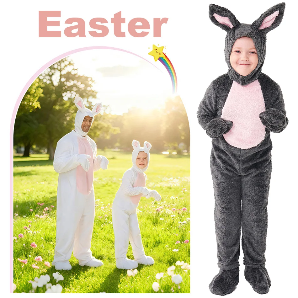 

Easter Bunny Family Matching Costumes Plush Hooded Onesie for Adults and Children Perfect for Holiday Photos Party Dress-Up