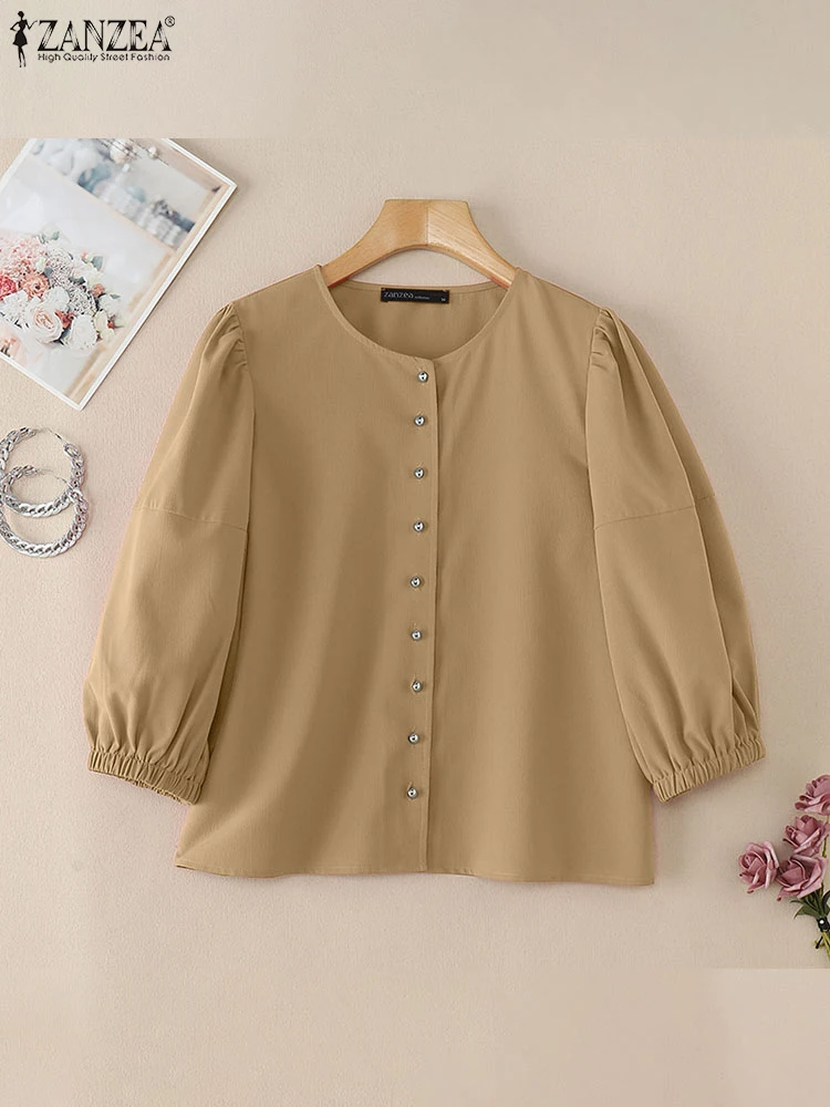 ZANZEA 3/4 Puff manga Casual Túnica Tops cuello redondo Color sólido desplazamientos Mujer Blusas Mujer 2025 primavera elegante Blusas con botones