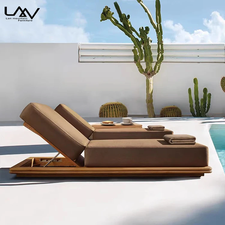 Modern Style Outdoor Hotel Teak Waterproof Fabric Lounge Chair Garden Patio Beach Adjustable Open-air Sun Bed Furniture