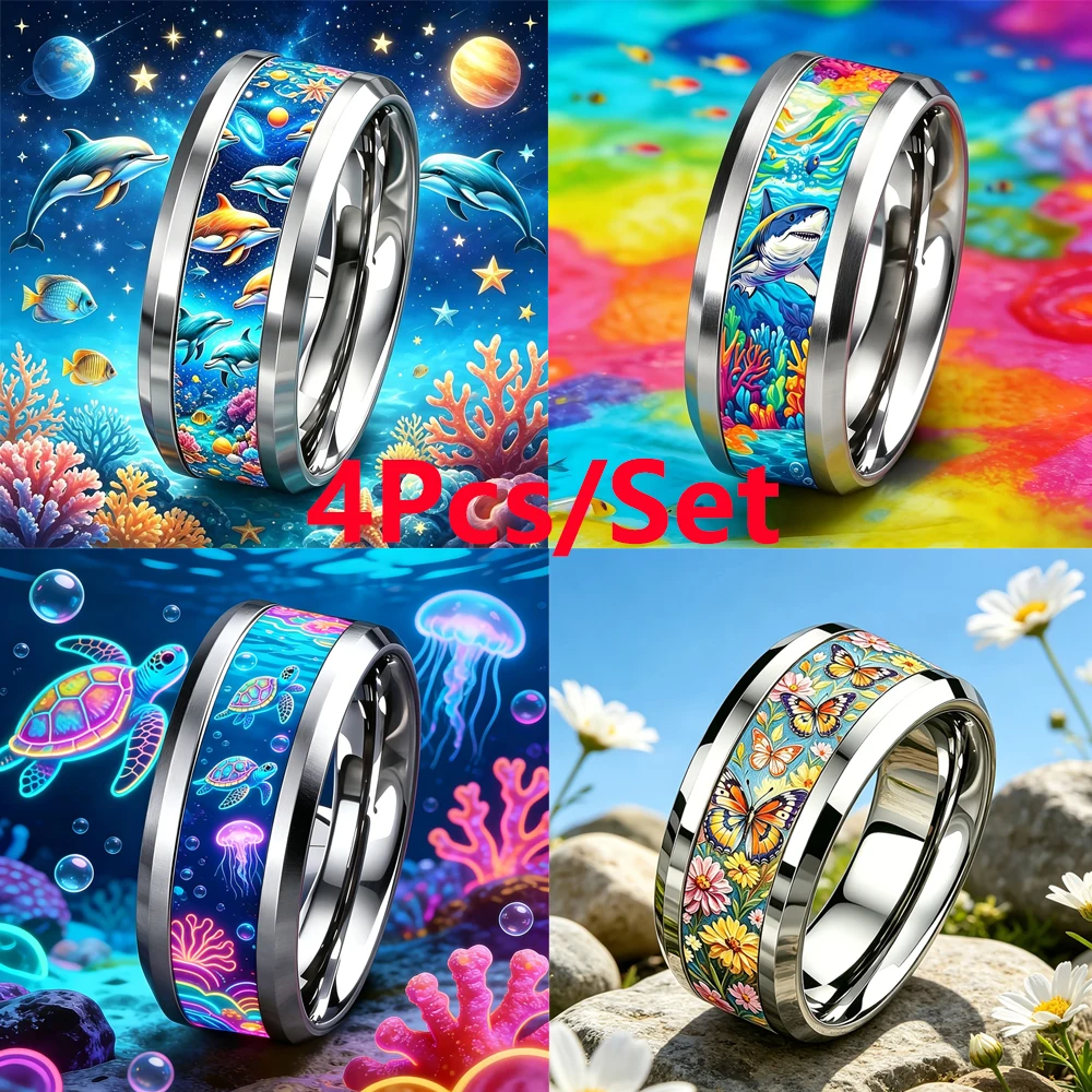 4Pcs/set Cartoon Sea Animals Inlay Fashion Stainless Steel Rings Marriage Rings Man Jewelry Promise Stainless Steel Rings Set