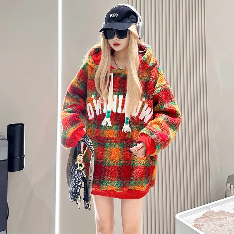 

Женская толстовка с капюшоном из овечьей шерсти, утепленная, весна-осень, свободный крой, американо-европейский стиль, длинный рукав, хлопок/полиэстер