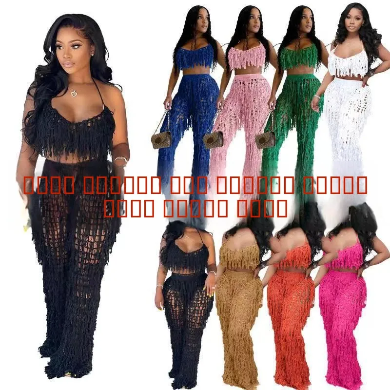 Set Pantai Rajut Transparan Seksi dengan Rumbai, Model Cleanfit, Pinggang Rendah, Bahan PVC, Pola Geometris untuk Wanita Paruh Baya