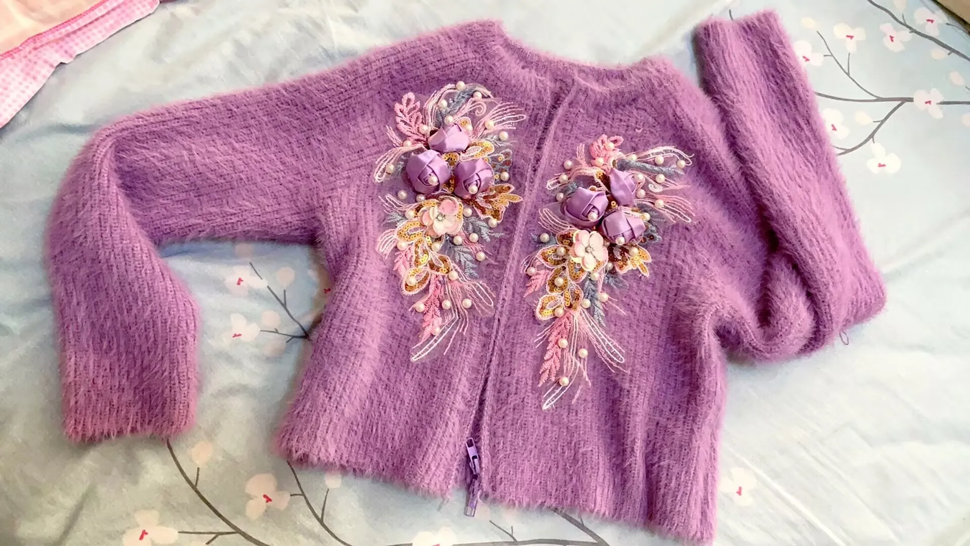 Chic Diamonds Beaded 3D Lily Flowers Embroidery Mink Fur Sweater Coat Zipper Knitted Cardigan Hairy Jacket Zippers Cardigan Tops