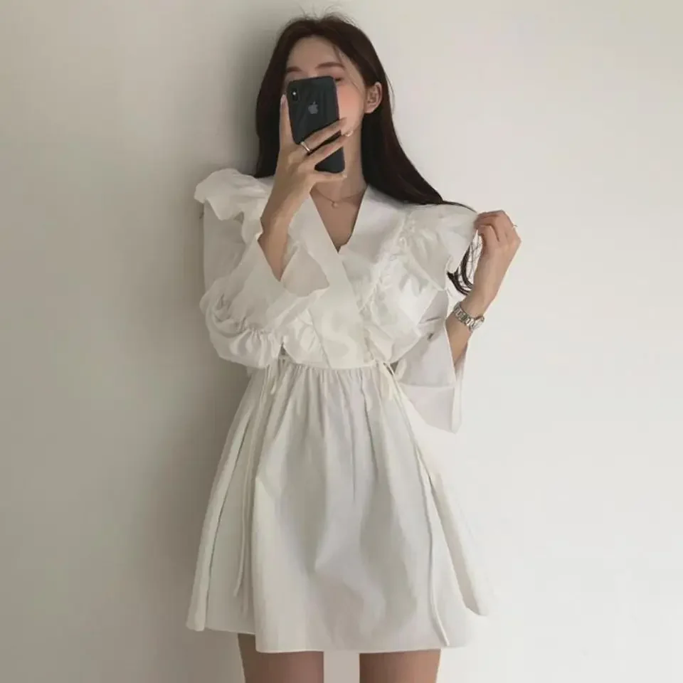 Dresses for Women 2023 Spring Short Mini Clothes Ruffle Woman Dress Long Sleeve Outfits Summer Cheap Casual Retro