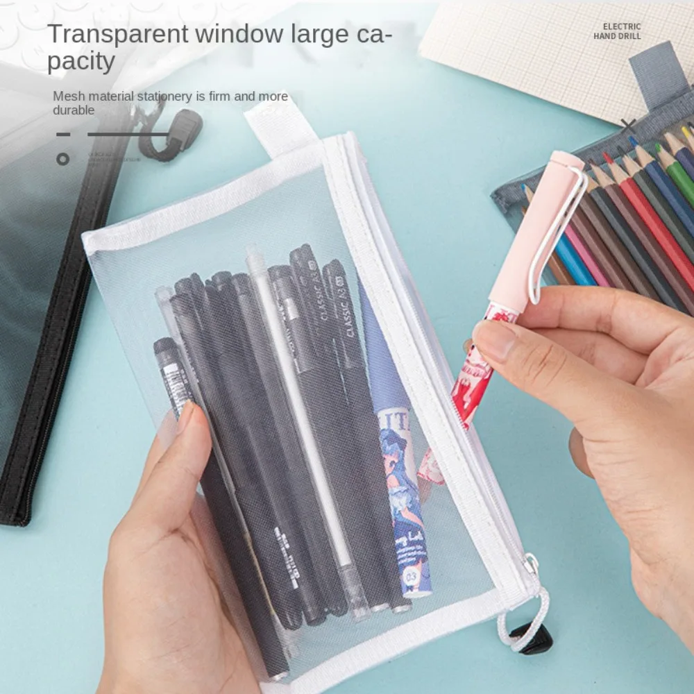 Nylon Transparent Zipper Pencil Case Zipper Makeup Pouch Clear Stationery Bag Travel Case Solid Color Mesh Cosmetic Storage Bag