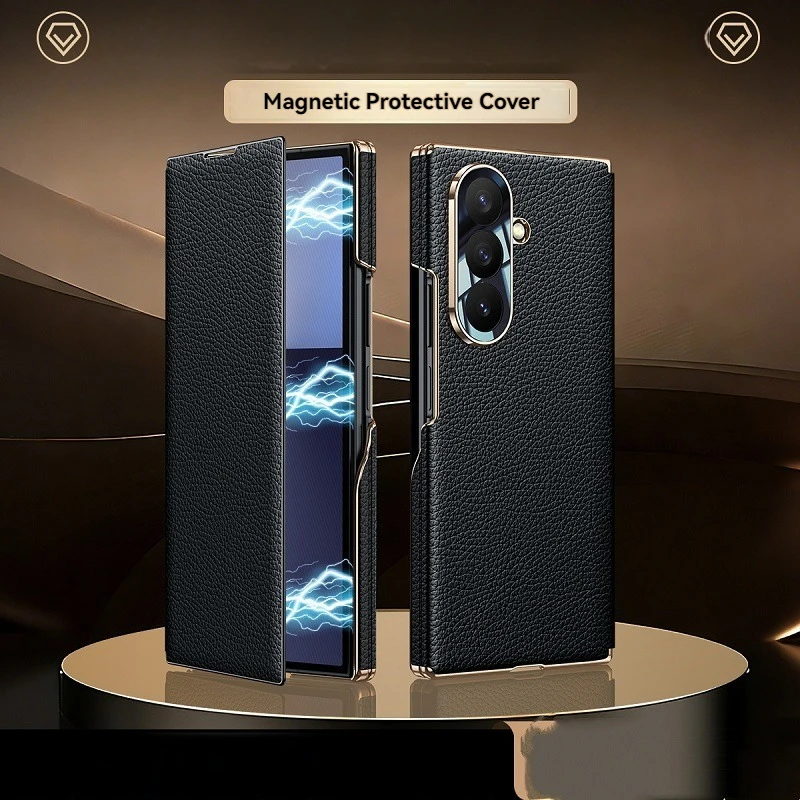 

Retro Solid Color Genuine Leather Magnetic Flip Folding Phone Cover for Samsung Galaxy Z TriFold with Protective Case