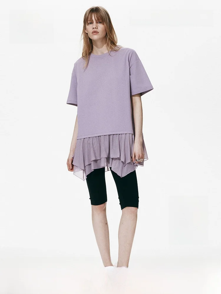 

Summer New Women's Loose Fit Double Fabric Top Casual Style Universal Size Shoulder Sleeve Pure Color H&M 1346514