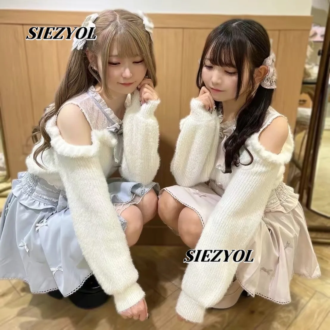Sweater Sweet Lolita Winter new Clothes Women's Off-Shoulder Student Elegant Long Sleeve Knitwear Bow Lace