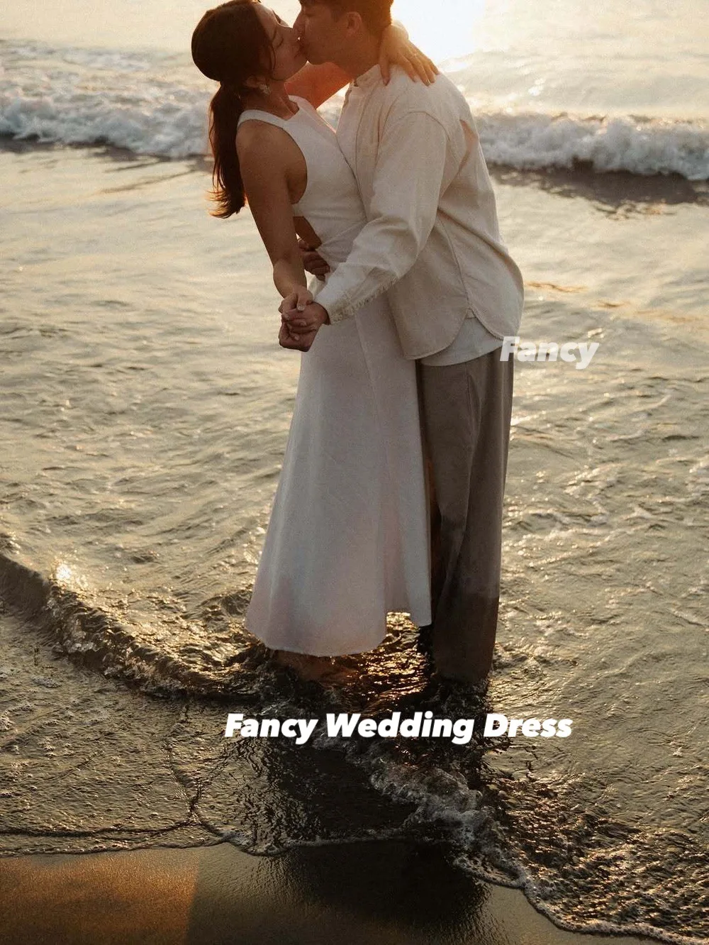 Abito da sposa coreano con scollo all'americana semplice e fantasia, abito da sposa in raso elastico, lunghezza tè, corsetto posteriore, abiti da ricevimento per la sposa personalizzati