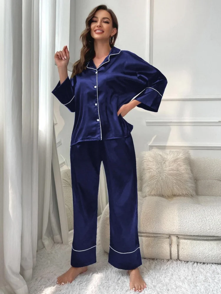 

Spring Autumn Women's Imitation Silk Pajamas Thin Solid Color Long Sleeve Sleepwear Pants Two Pieces Set Ladies Satin Home Suit