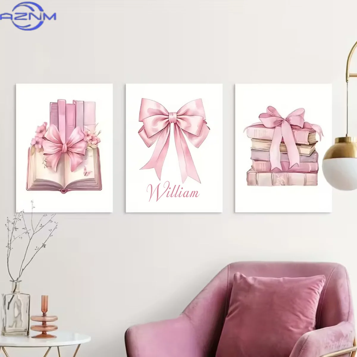 3pcs/Set Custom Name Sweet Style Pink Canvas Poster | Pink Bow and Book Flower Print, Suitable for Home, Office, Home Decoration