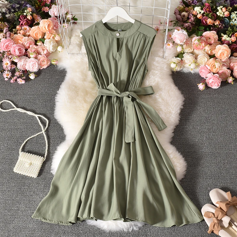 

Summer New Fashion French Niche Scheming Hollow Air Round Neck Sleeveless Dress Female High Waist Slim Casual Tie A-line Skirt