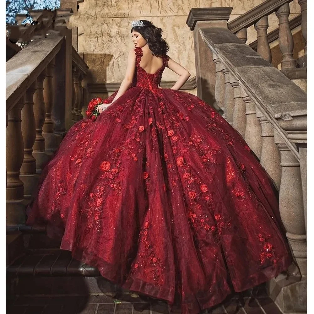 ANGELSBRIDEP Burgundy Quinceanera Dresses 3D Appliques Sweet 15 Years Old Princess Pageant Gowns Vestido De 15 Anos Quinceanera