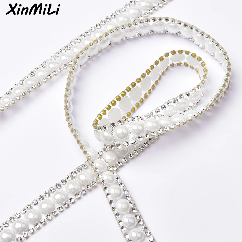 3/5 yards 1 cm breed witte zelfklevende strass parel sticker trim kristal lint strass applique diy kleding schoen accessoires