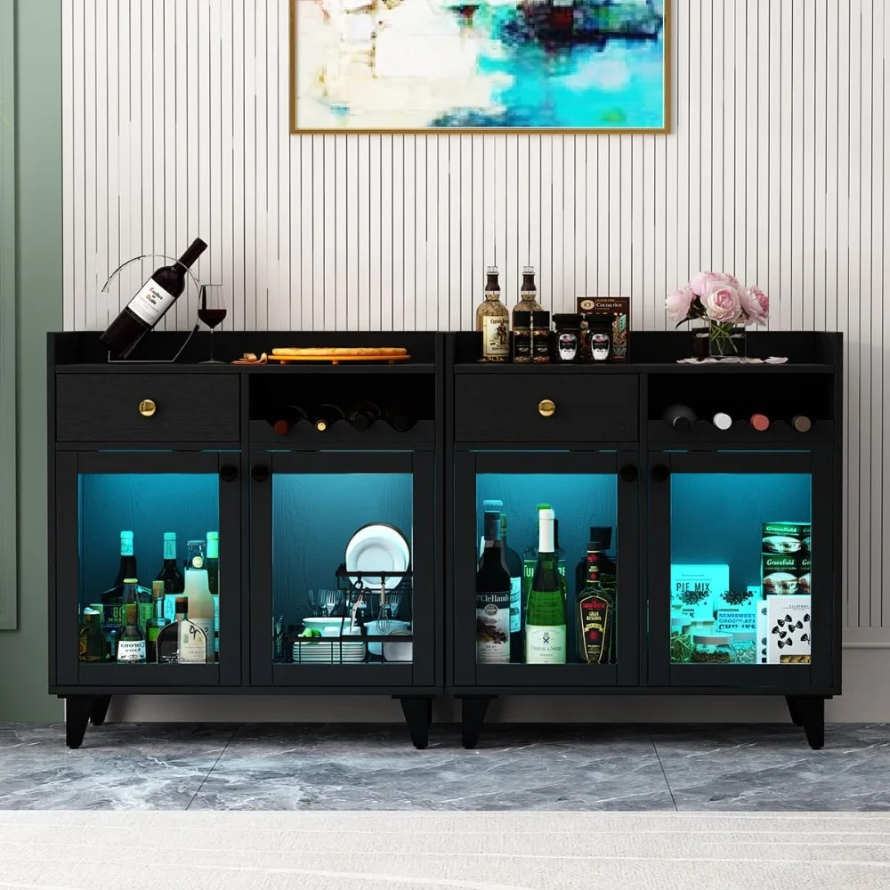 Lemari Anggur Kecil dengan Pintu Kaca, Lemari Bar Minuman Modern dengan Lampu LED untuk Alkohol, Bufet Kopi Bergaya Pedesaan