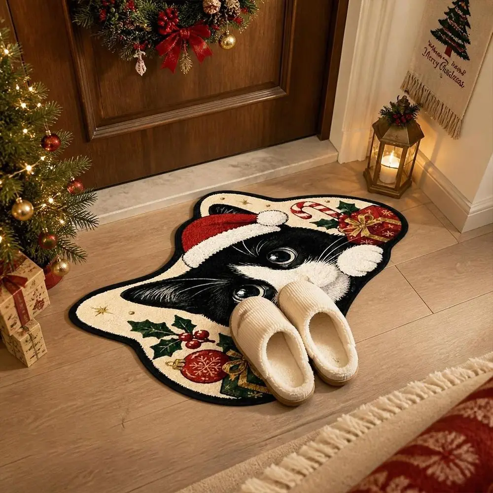 Funny Non-Slip Cat Area Rug Anti-fouling 3D Pattern Cartoon Carpet Easy to Clean Soft Christmas Door Mat for Living Room