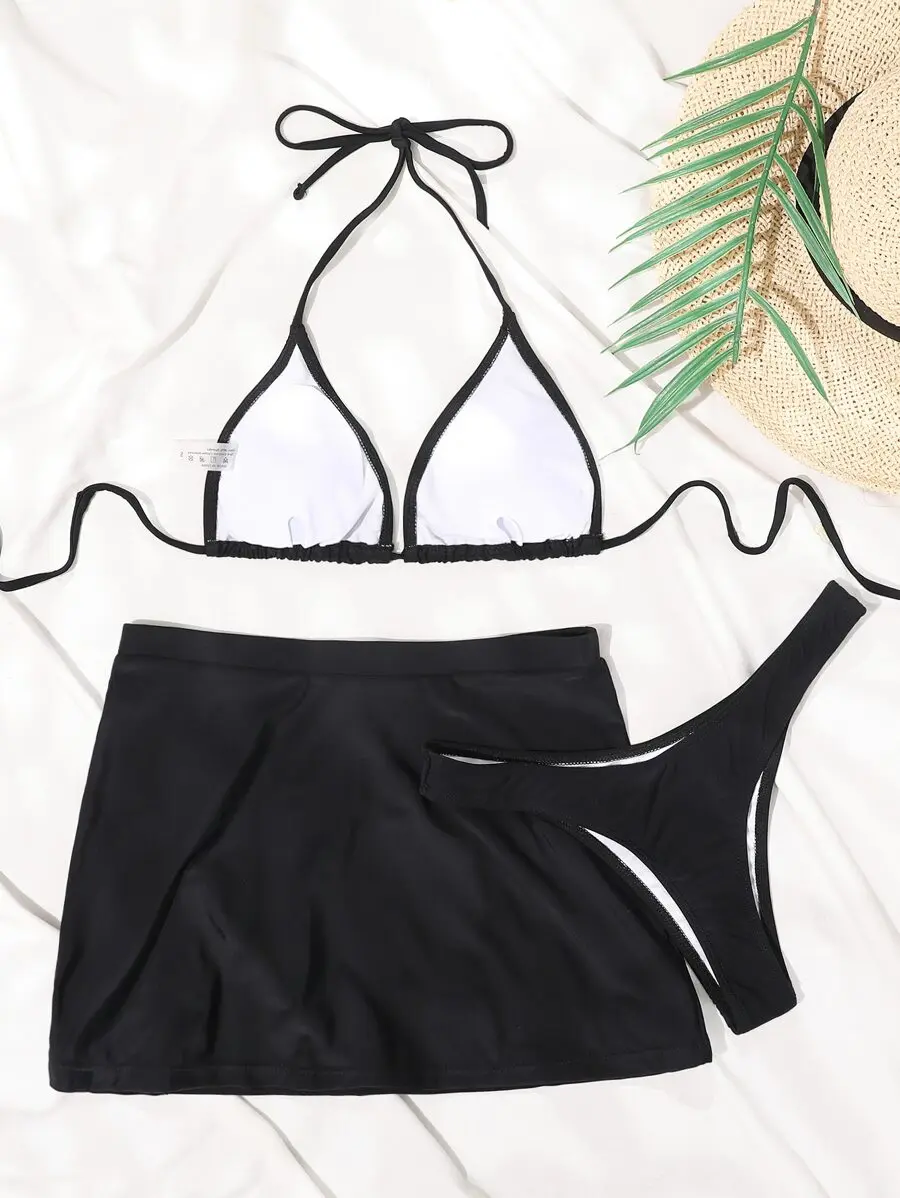 

Summer Beach Halter Triangle Bikini Set With Skirt And Thong
