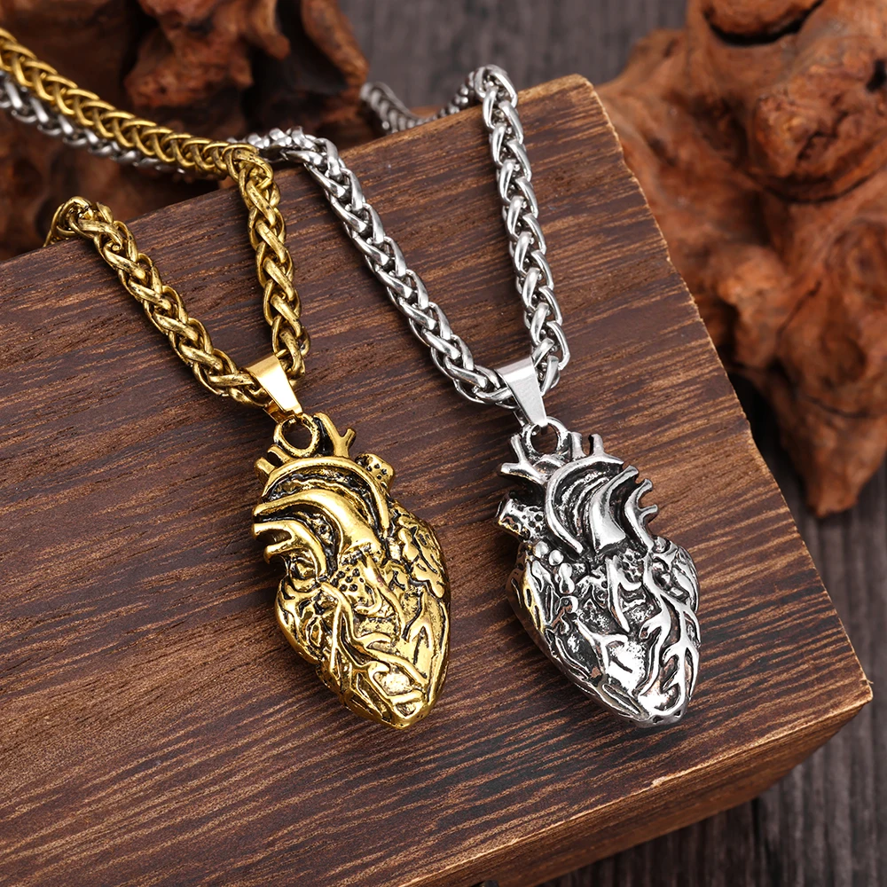 Dark Anatomy Heart Necklace – Vintage-style, distressed 3D heart pendant; unisex necklace with a hip-hop punk vibe