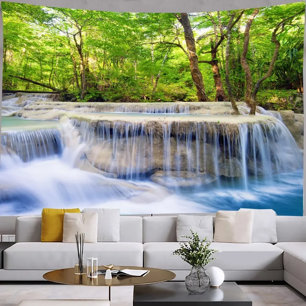 Forest Waterfall Tapestry Wall Hanging  Boho Home Decor Landscape Tapestriees Bedroom Decoration Kawaii Room Decor Wall Art