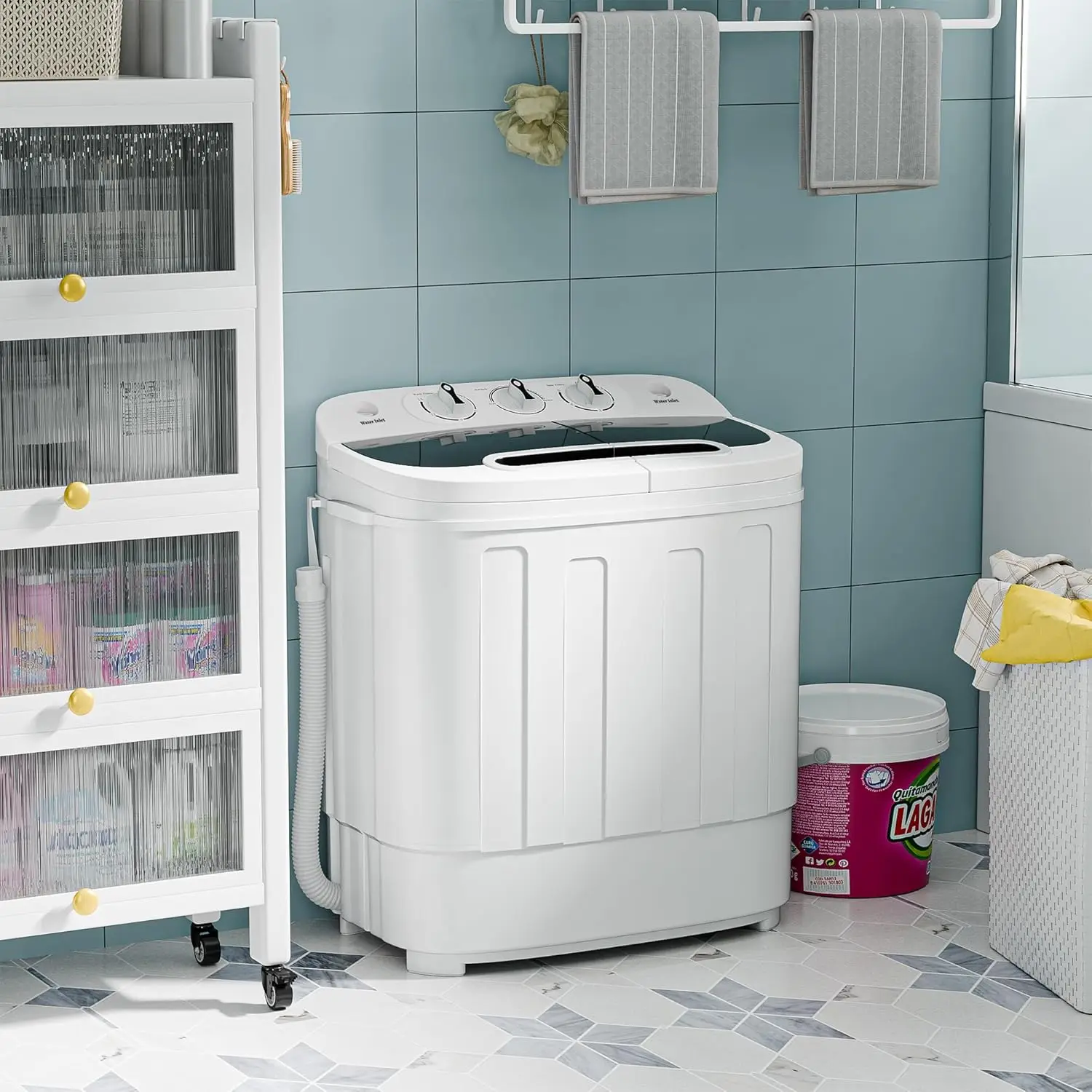 

Compact Mini Twin Tub Washing Machine 13lbs Capacity Portable Washer Wash and Spin Cycle Combo, Built-in Gravity Drain